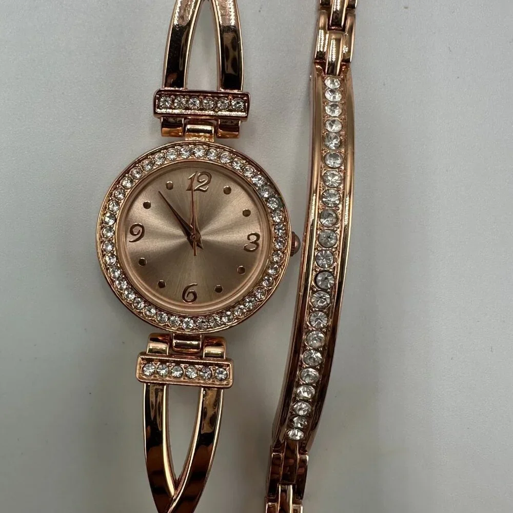 Rhinestone Watch Matching Bracelet Set Women Rose Gold Tone New Battery 7.25